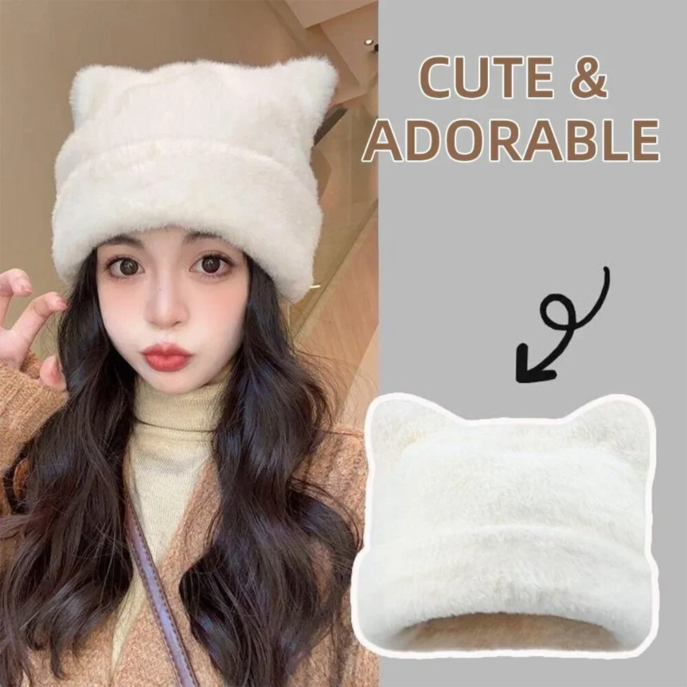 Women's Black Winter Beanie Hat Cute Cat/Bear Ear Hat with Internal Support